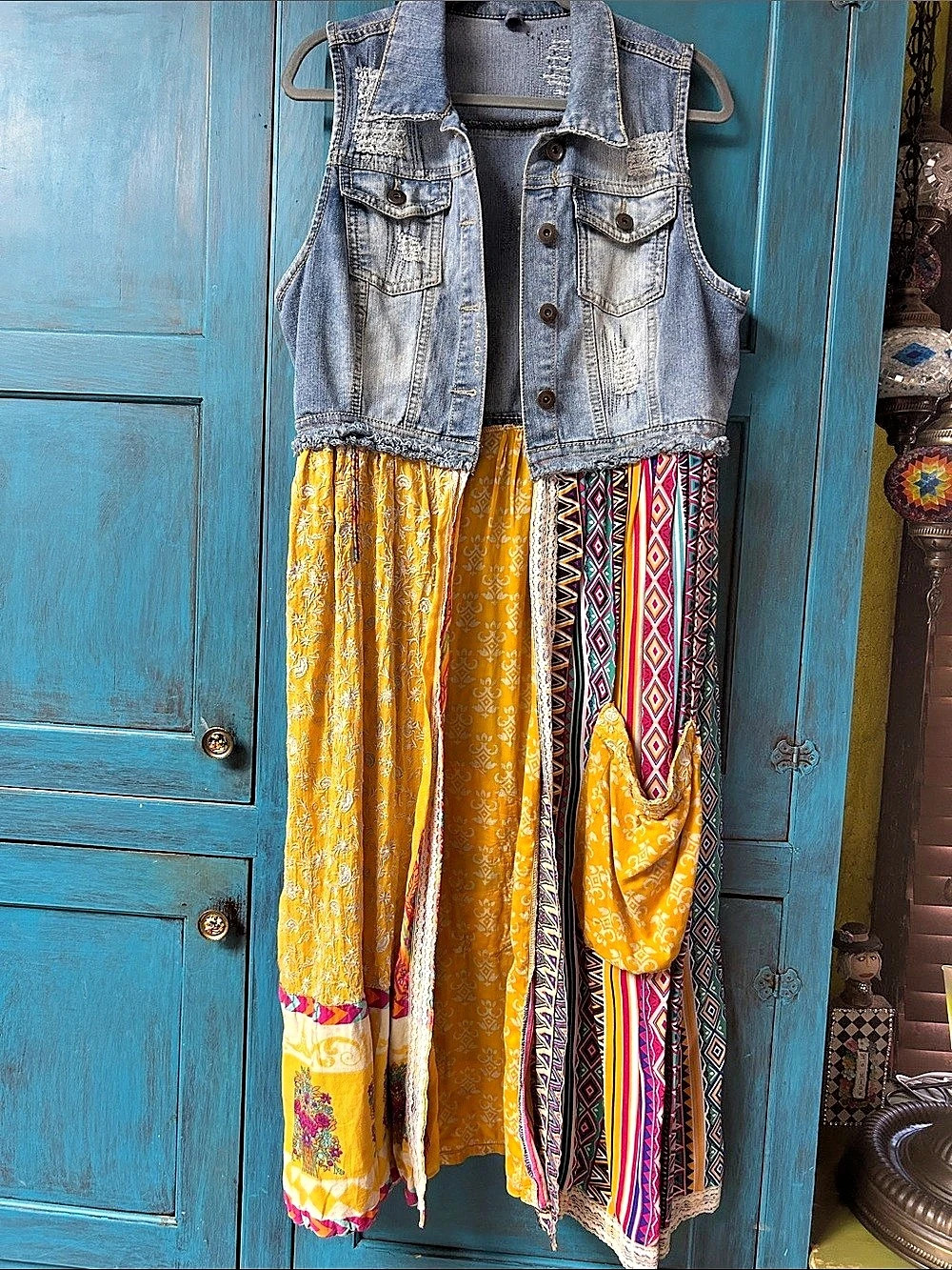Upcycled Denim Vest Maxi Dress Yellow & Blue